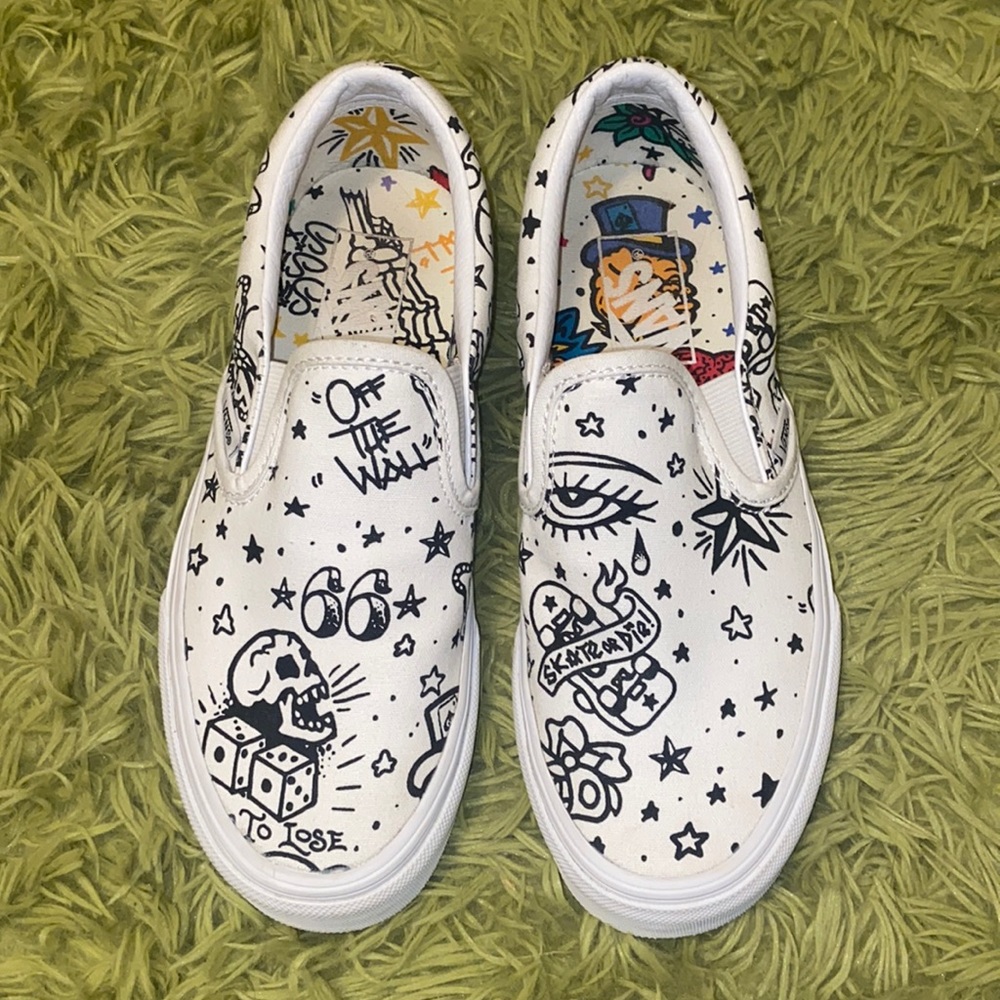 Vans White Slip-On Sneakers with Black Doodle Print
